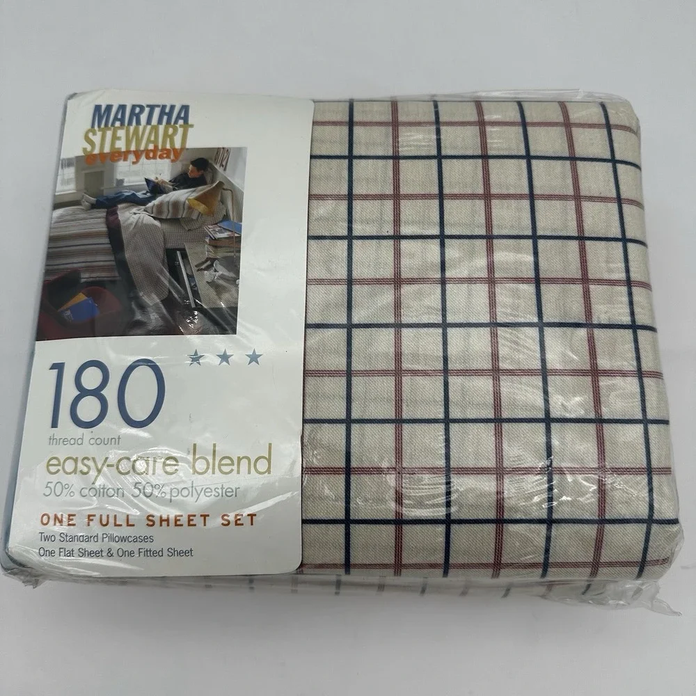 Vtg Martha Stewart Everyday Full Sheet Set 230 TC Plaid Blue Red 2001 NEW